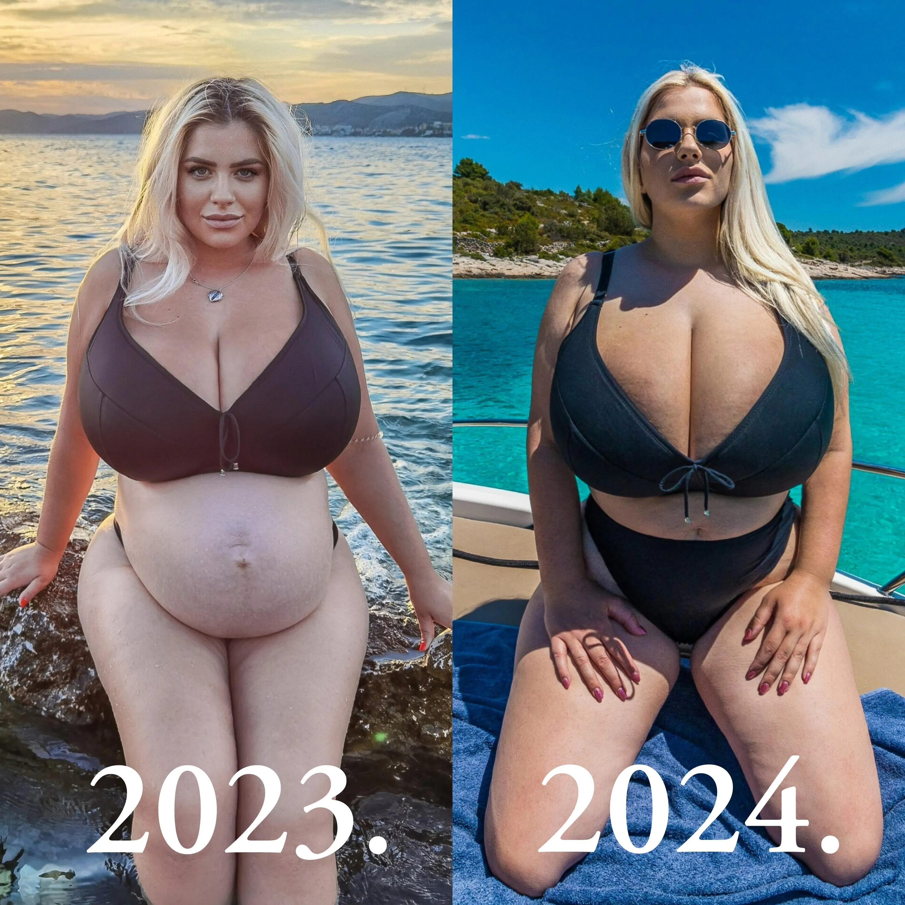 Same bikini, one year of difference.  I love my body, especially my massive tits.  If you would like to keep track of my growth, check my premium pages.