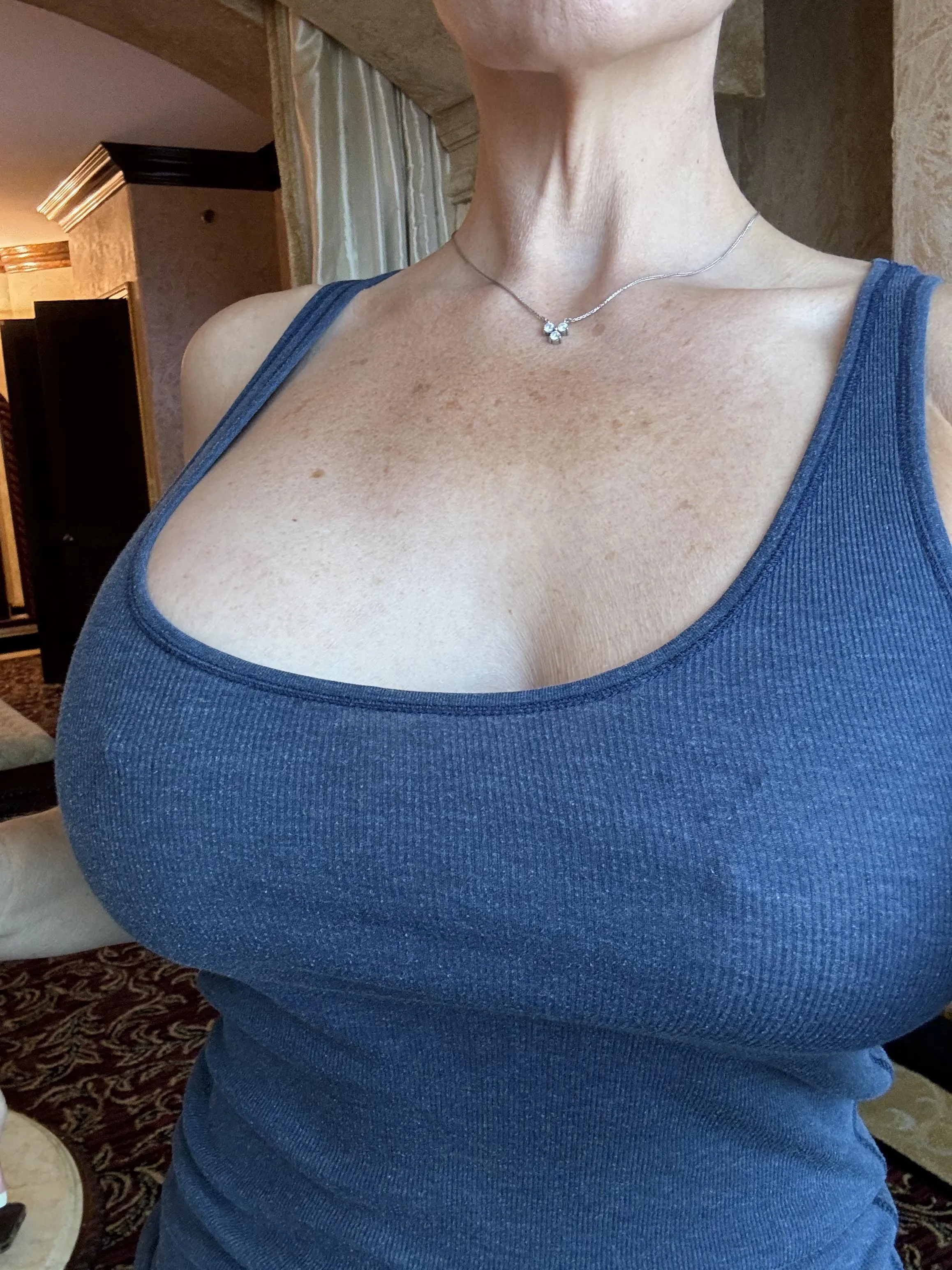 Time to head for breakfast! Love tanks with no bra.