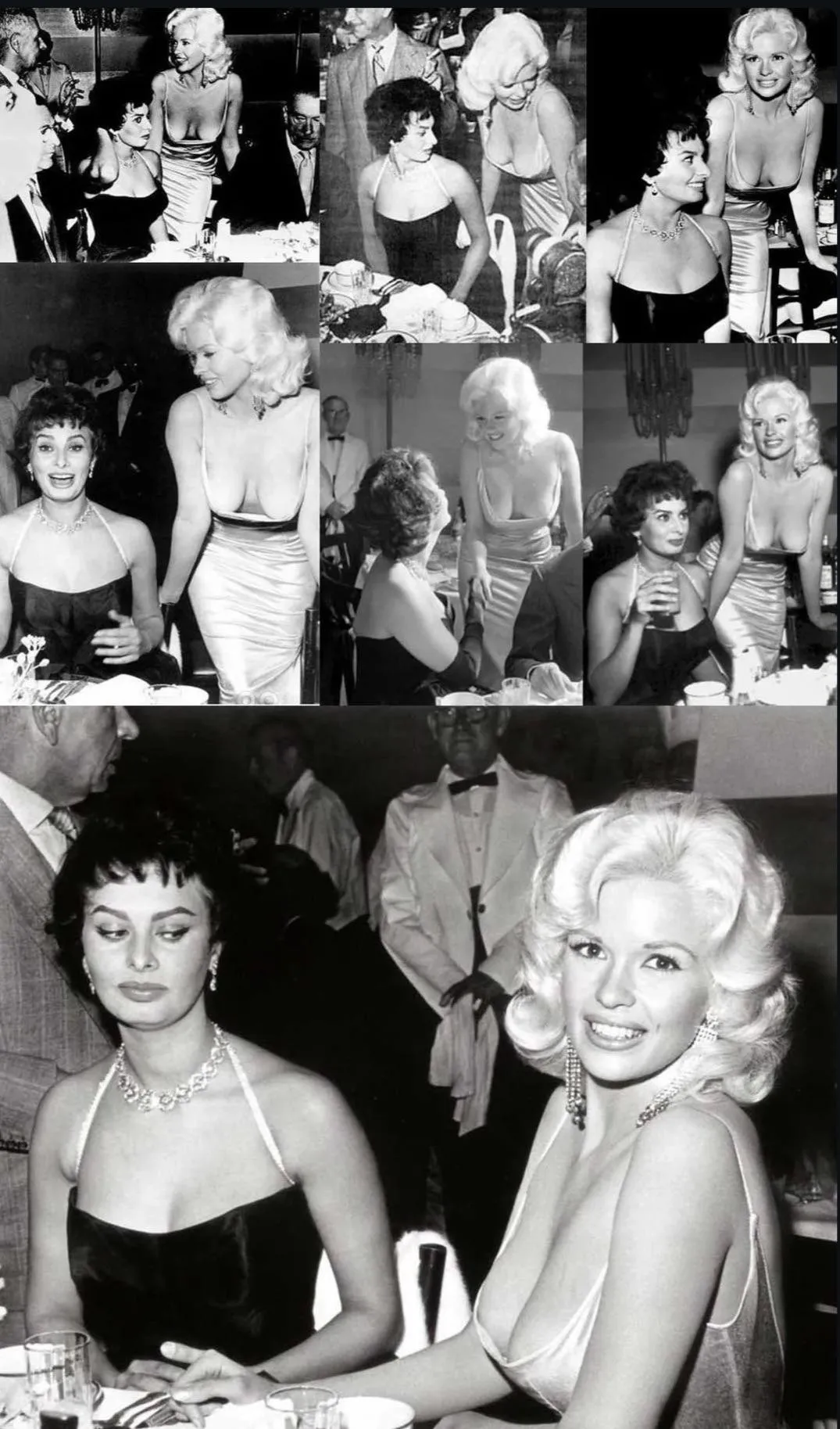 Sophia Loren and Jayne Mansfield at Romanoffs restaurant in Beverly Hills, 1957