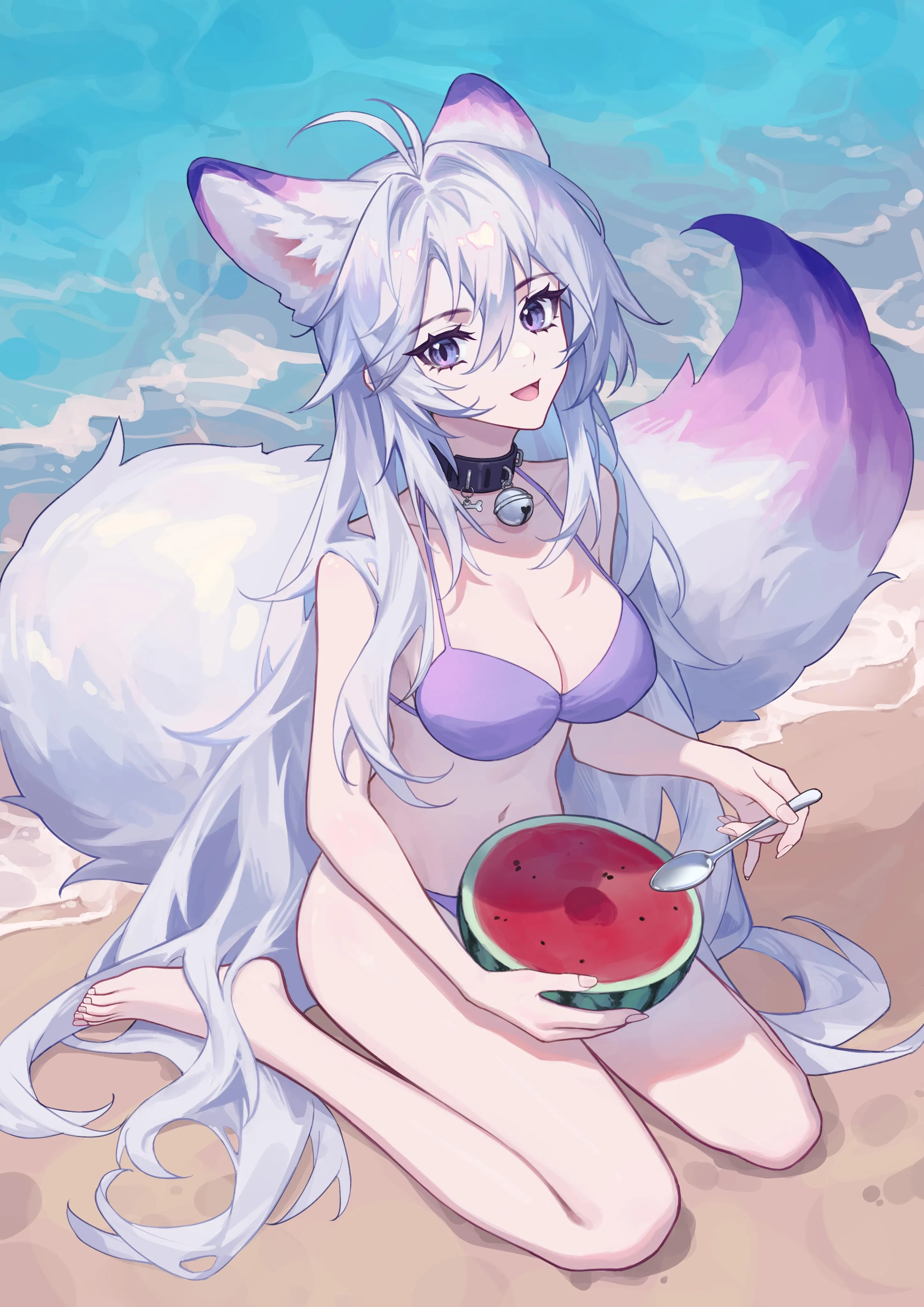 Foxgirl eating a watermelon