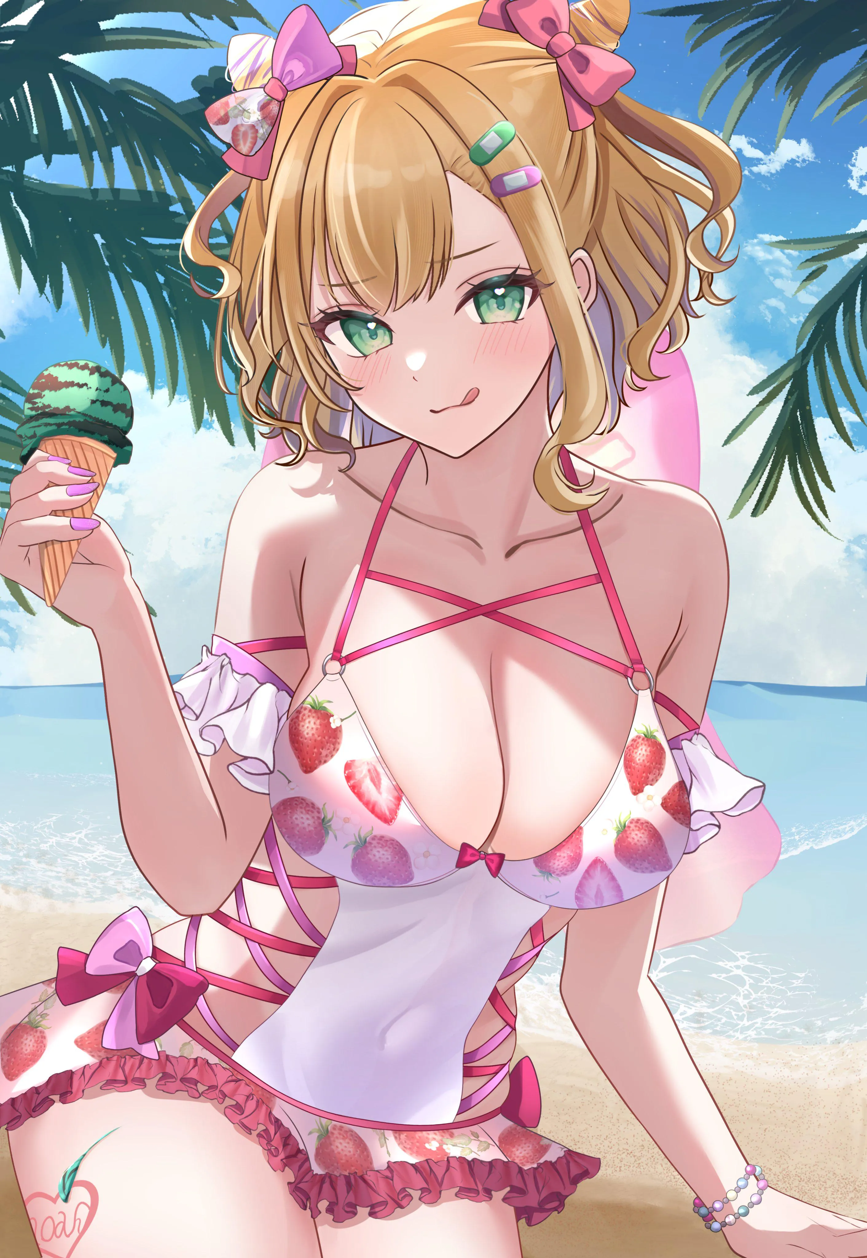 Wearing a strawberry themed swimsuit