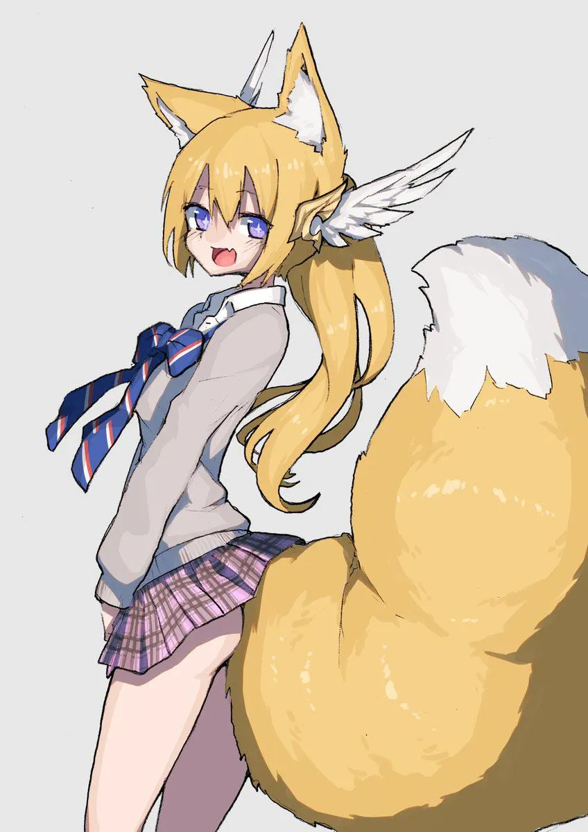 A fox girl with a huge, fluffy tail that reveals her buttocks