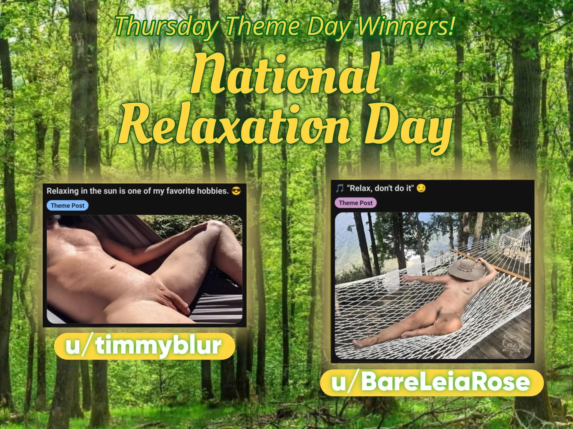 Congrats to utimmyblur and uBareLeiaRose, this week&#039;s most relaxed Thursday Theme Day winners!