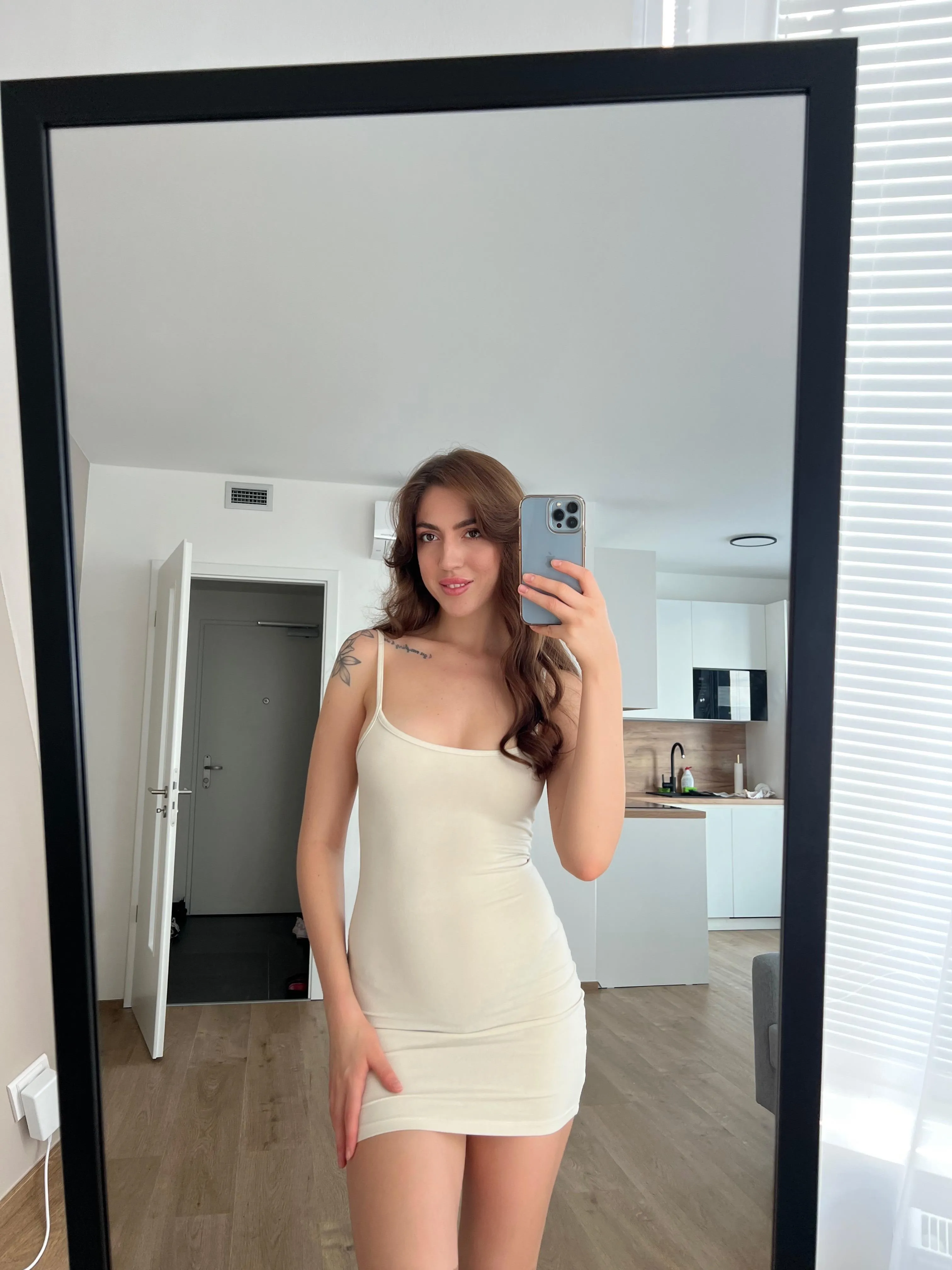 New white tight dress and no bra